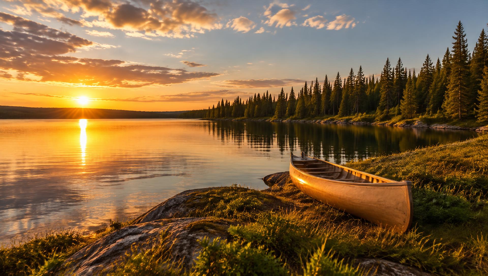 Golden-hour light over open water, pines and rugged country